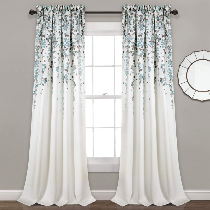 Lush Decor Weeping Flower Light Filtering Window Curtain Panels, Pair, 52"W x 95"L + 2" Header, Blue & Gray - Charming Modern Floral Curtains for Living Room, Dining Room, & Bedroom - Image 1